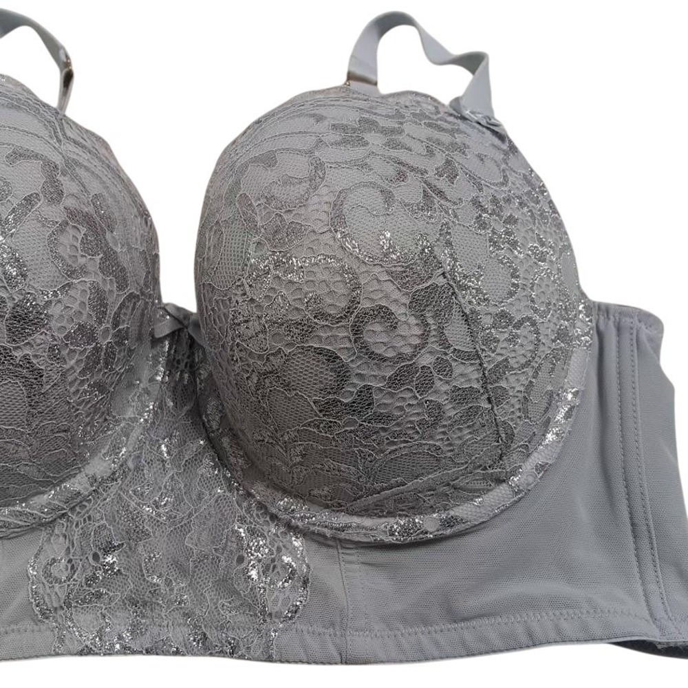 Cacique Bra Womens 42D Gray Boost Balconette Lace Push Up Glitter Floral Padded